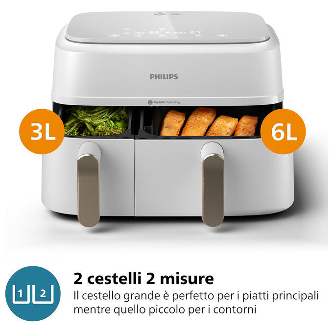 Philips NA353-10 Friggitrice ad aria Doppio Cestello 2750W 9L LED Touch colore Champagne Bianco