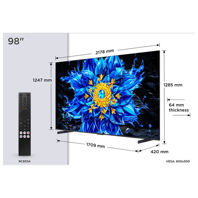 TCL 98P8L TV QD 98 pollici 4K HDR Google TV 144Hz Nero