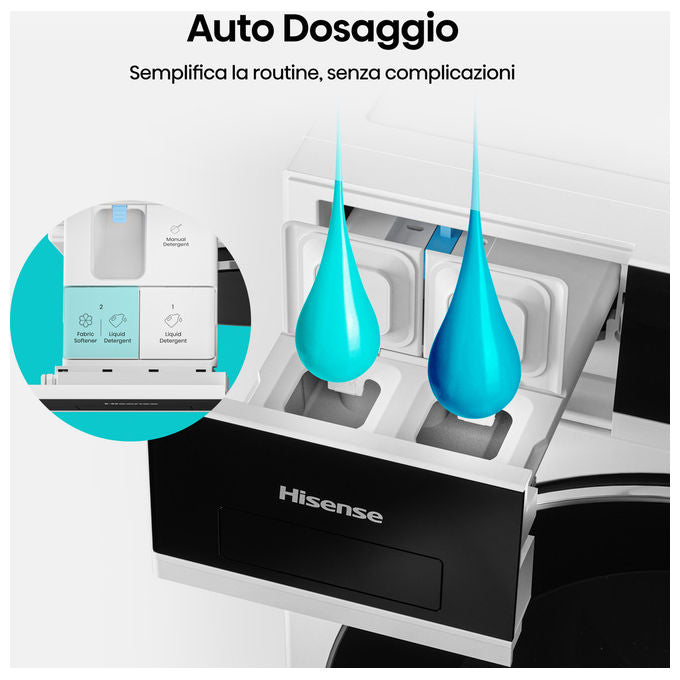 Hisense WF5I1045BWQ Lavatrice Frontale 10.5 Kg 1400 rpm Classe A AutoDose Vapore Wi-Fi (84.5x59.5x55 cm) colore Bianco