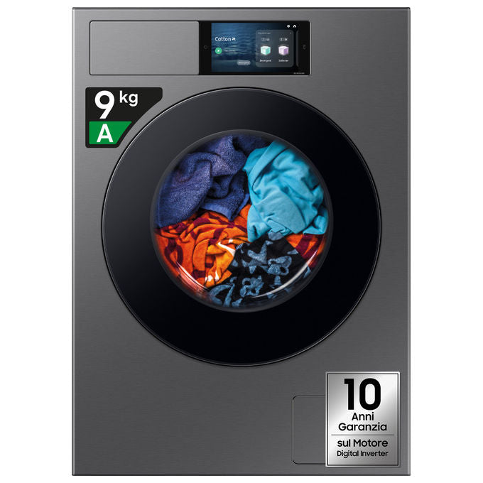 Samsung WF90F09C4SU3 Bespoke AI Lavatrice Frontale 9 Kg 1400 rpm Classe A Wi-Fi Ecodosatore Vapore (85x60x60 cm) colore Argento