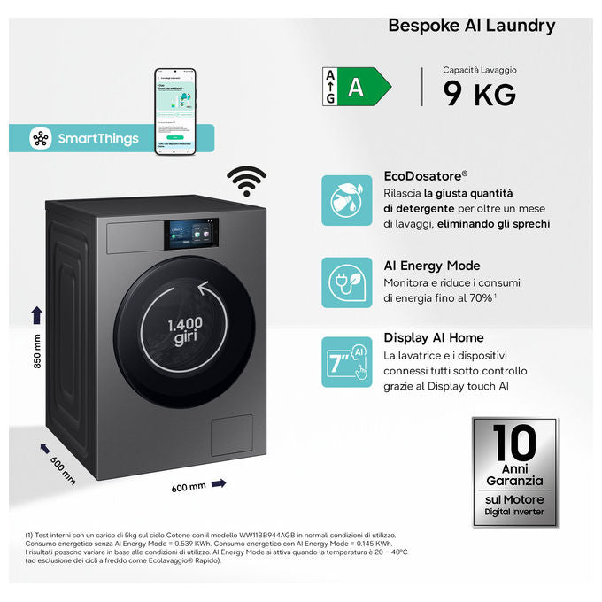 Samsung WF90F09C4SU3 Bespoke AI Lavatrice Frontale 9 Kg 1400 rpm Classe A Wi-Fi Ecodosatore Vapore (85x60x60 cm) colore Argento