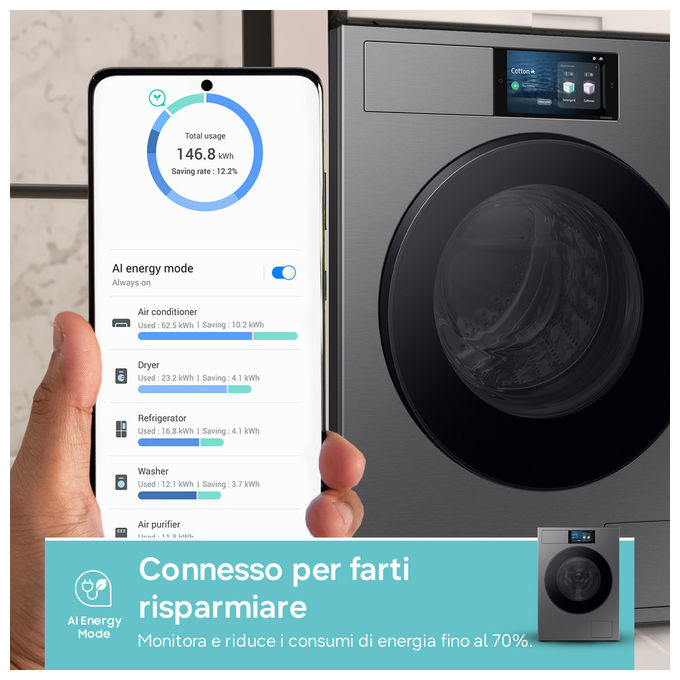 Samsung WF90F09C4SU3 Bespoke AI Lavatrice Frontale 9 Kg 1400 rpm Classe A Wi-Fi Ecodosatore Vapore (85x60x60 cm) colore Argento
