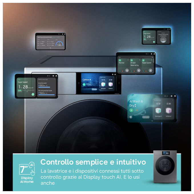 Samsung WF90F09C4SU3 Bespoke AI Lavatrice Frontale 9 Kg 1400 rpm Classe A Wi-Fi Ecodosatore Vapore (85x60x60 cm) colore Argento