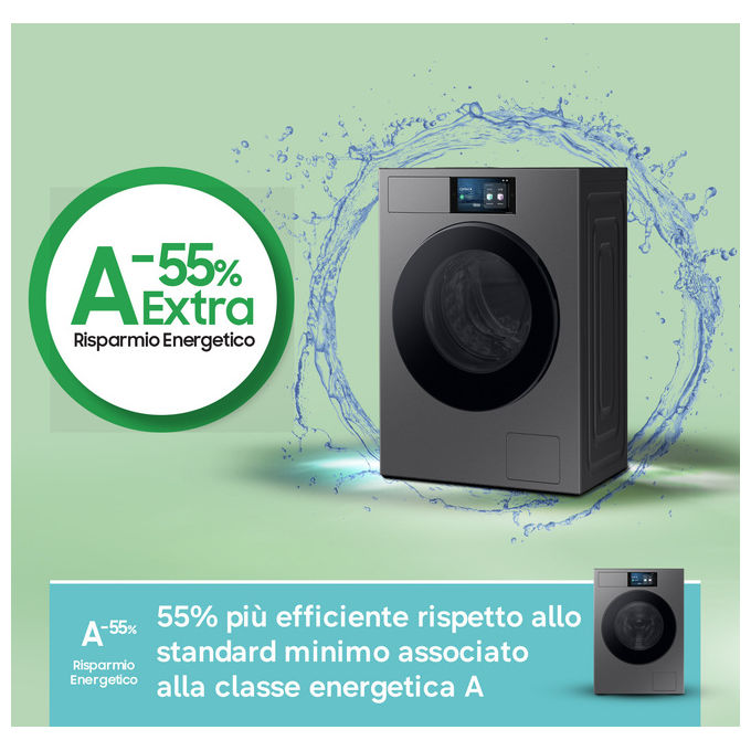 Samsung WF90F09C4SU3 Bespoke AI Lavatrice Frontale 9 Kg 1400 rpm Classe A Wi-Fi Ecodosatore Vapore (85x60x60 cm) colore Argento