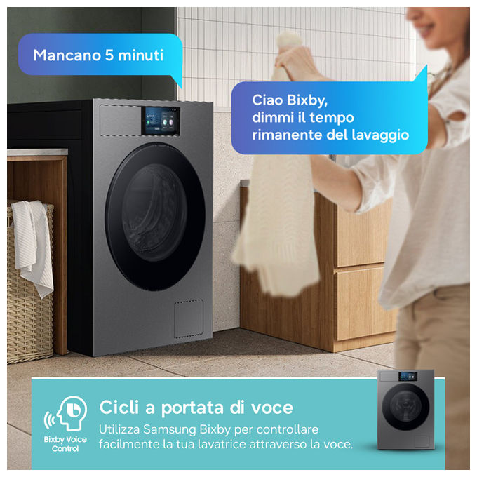Samsung WF90F09C4SU3 Bespoke AI Lavatrice Frontale 9 Kg 1400 rpm Classe A Wi-Fi Ecodosatore Vapore (85x60x60 cm) colore Argento