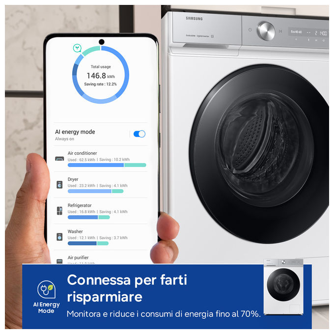 Samsung WW90DB8U95GH BESPOKE AI Lavatrice Frontale 9 Kg 1400 rpm Classe A QuickDrive Wi-Fi Vapore (85x60x60 cm) colore Bianco