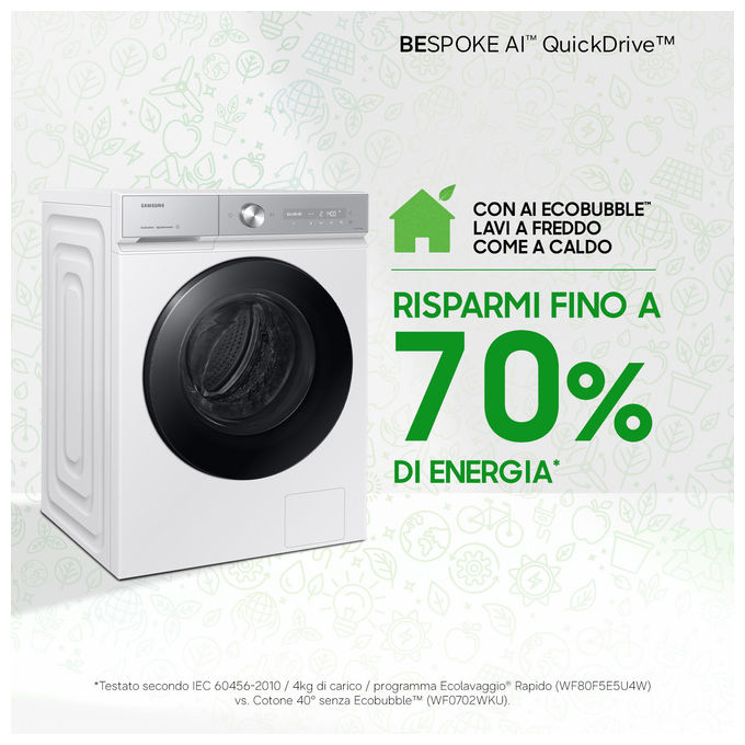Samsung WW90DB8U95GH BESPOKE AI Lavatrice Frontale 9 Kg 1400 rpm Classe A QuickDrive Wi-Fi Vapore (85x60x60 cm) colore Bianco