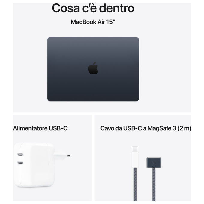 Apple MW1M3T-A MacBook Air 15 M4 16GB RAM 512GB SSD Clamshell computer portatile colore Mezzanotte