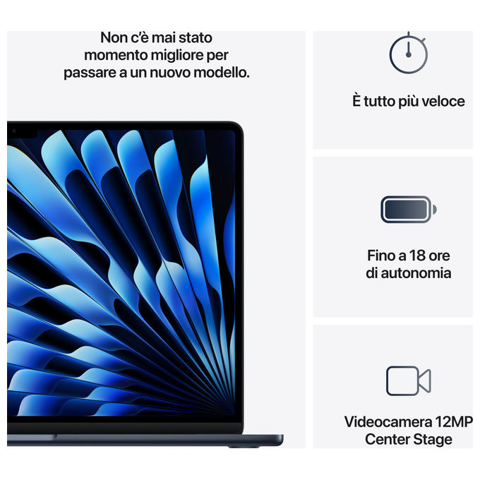 Apple MW1M3T-A MacBook Air 15 M4 16GB RAM 512GB SSD Clamshell computer portatile colore Mezzanotte