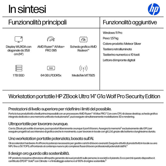 HP A3ZK9ET ZBook Ultra G1a Workstation mobile AMD Ryzen AI Max PRO 395 64GB 1TB SSD WUXGA Windows 11 Pro colore Argento