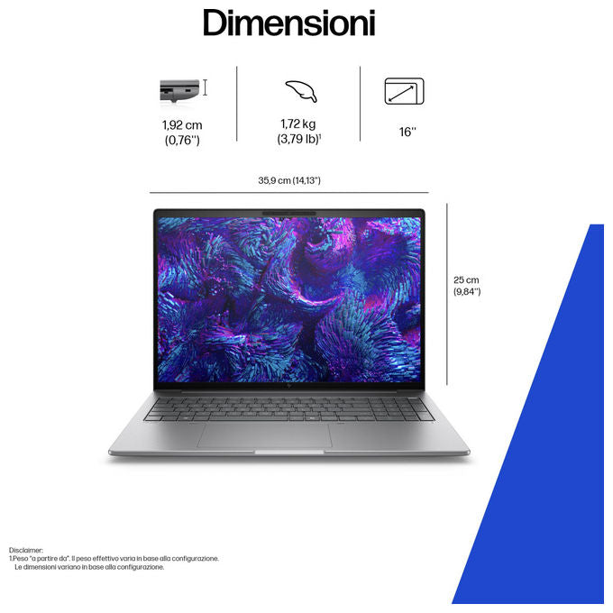 HP B72V0ET ZBook 8 G1i Workstation Mobile Argento 40,6 cm 16 pollici Intel Core Ultra 9 RAM 32GB SSD 1TB NVIDIA RTX 500 Ada Windows 11 Pro colore Argento