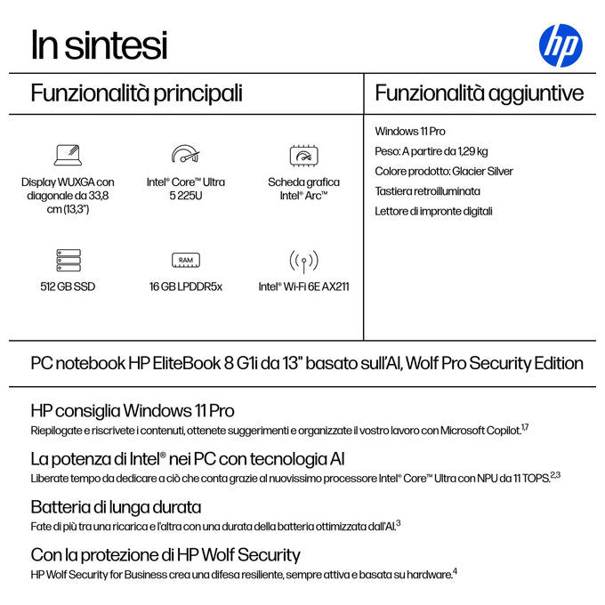 HP G1i Computer portatile 13.3'' Intel Core Ultra 5 16GB RAM 512GB SSD Windows 11 Pro Argenteo