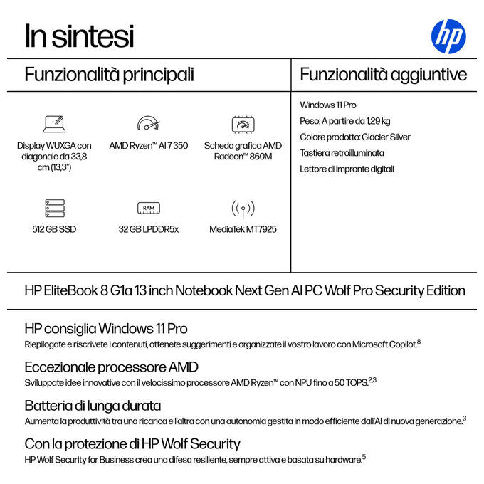 HP AD4K1ET EliteBook 8 G1a Personal Computer Portatile AMD Ryzen AI 7 350 32 GB 512 GB SSD 13.3 Pollici WUXGA Argento Windows 11 Pro colore Argento