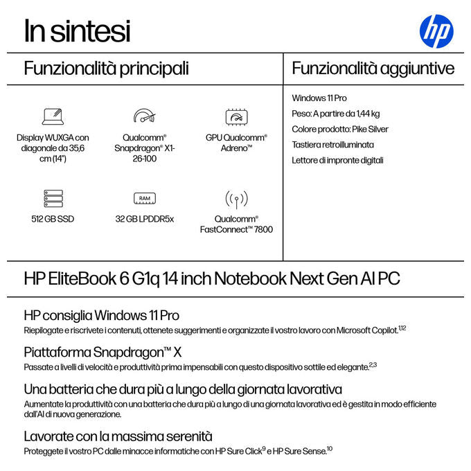 HP 9M4J2AT EliteBook 6 G1q Next Gen AI Copilot+ PC Portatile 14 pollici Argento Windows 11 Pro 32 GB RAM 512 GB SSD Wi-Fi 7