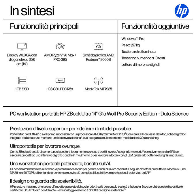HP Zbook Ultra G1a Workstation mobile AMD Ryzen AI Max Pro 395 14'' WUXGA 128GB RAM 1TB SSD Windows 11 Pro colore Argento