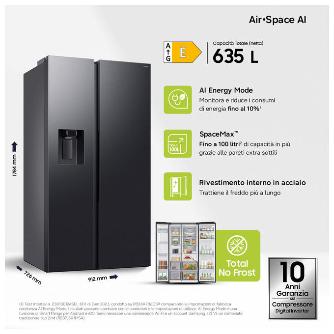 Samsung RS70F64KEFEF Frigorifero Americano Side by Side 640 L 178 cm Classe E 36 dB No Frost Wi-Fi Dispenser Acqua e Ghiaccio (178x91x73 cm) colore Argento