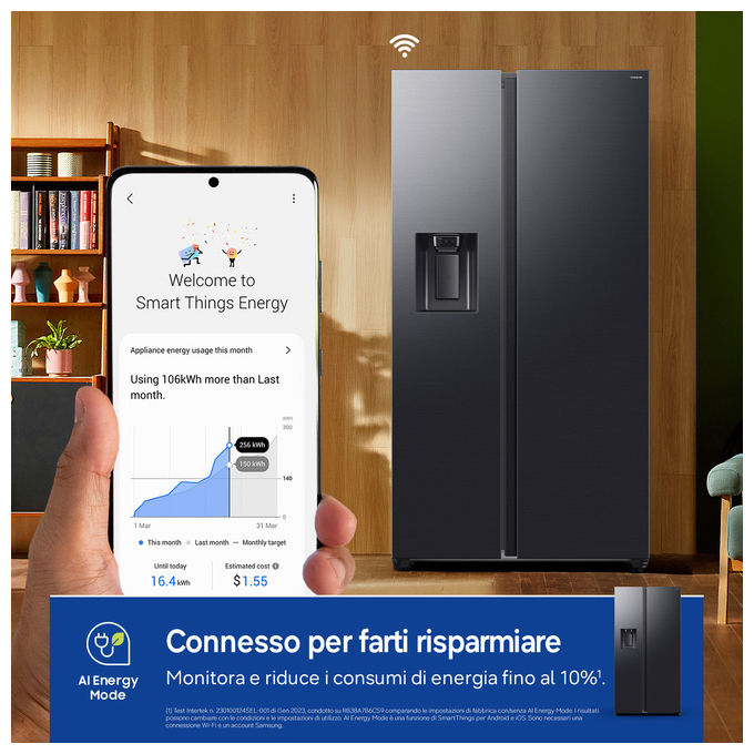 Samsung RS70F64KEFEF Frigorifero Americano Side by Side 640 L 178 cm Classe E 36 dB No Frost Wi-Fi Dispenser Acqua e Ghiaccio (178x91x73 cm) colore Argento