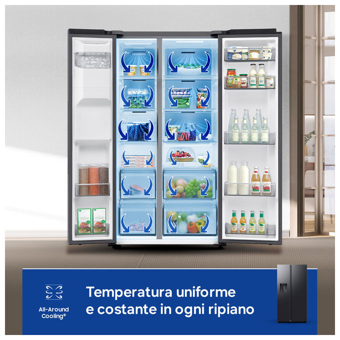 Samsung RS70F64KEFEF Frigorifero Americano Side by Side 640 L 178 cm Classe E 36 dB No Frost Wi-Fi Dispenser Acqua e Ghiaccio (178x91x73 cm) colore Argento