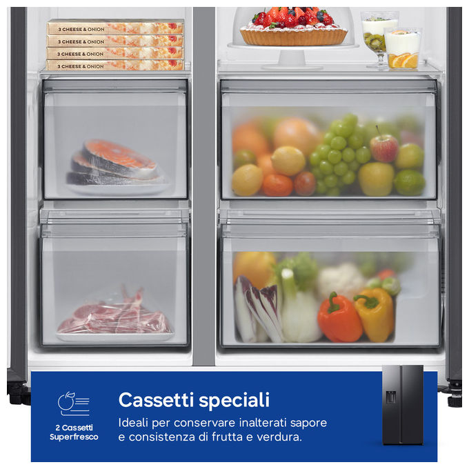 Samsung RS70F64KEFEF Frigorifero Americano Side by Side 640 L 178 cm Classe E 36 dB No Frost Wi-Fi Dispenser Acqua e Ghiaccio (178x91x73 cm) colore Argento