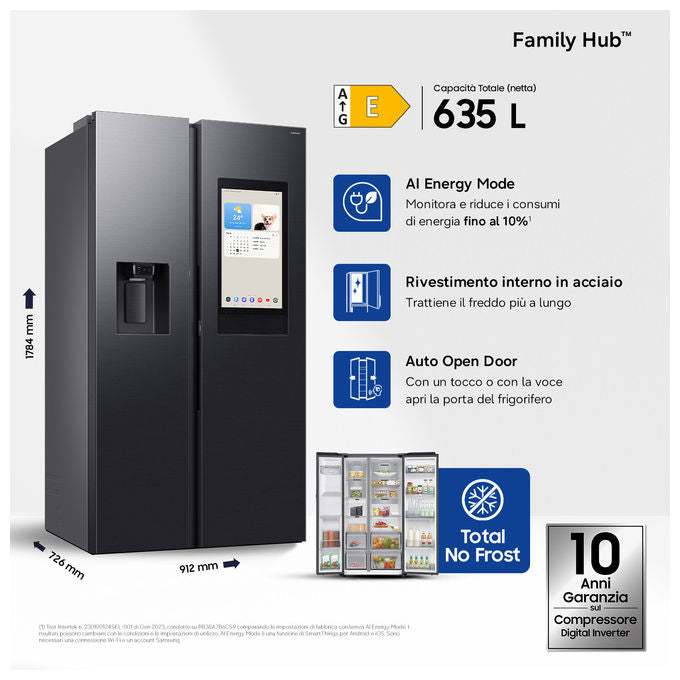 Samsung RS90F66BEFEF Series 9 Frigorifero Side by Side Family Hub 614 L 178 cm Classe E 34 dB Twin Cooling Wi-Fi colore Nero