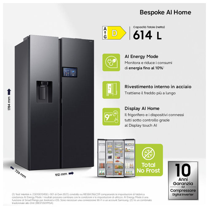 Samsung RS90F64EDFEF Serie 9 Frigorifero Side by Side 621 L 178 cm Classe E 36 dB No Frost Wi-Fi colore Nero