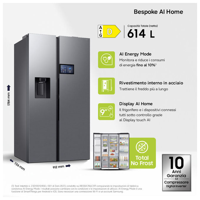 Samsung RS90F65EDTEF AI Home Frigorifero Side by Side 640 L 178 cm Classe D 36 dB No Frost+ Dispenser Acqua Ghiaccio Wi-Fi colore Acciaio Inox