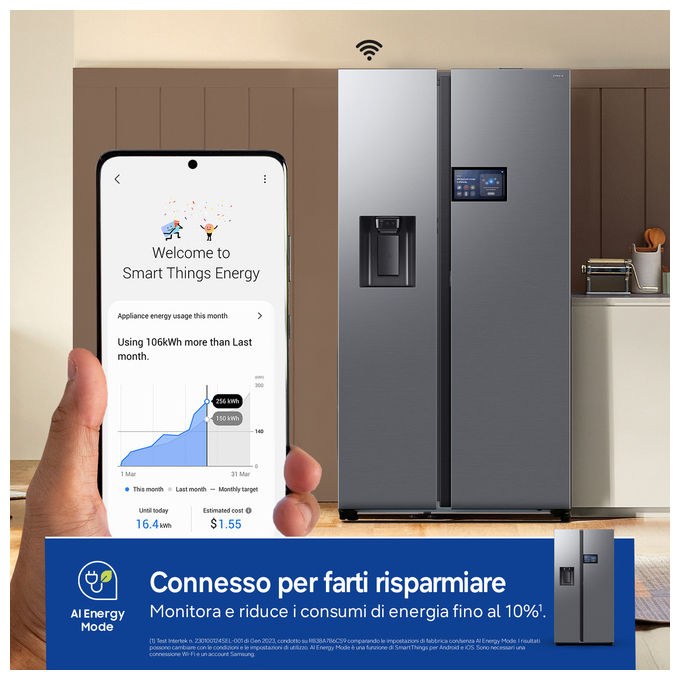 Samsung RS90F65EDTEF AI Home Frigorifero Side by Side 640 L 178 cm Classe D 36 dB No Frost+ Dispenser Acqua Ghiaccio Wi-Fi colore Acciaio Inox