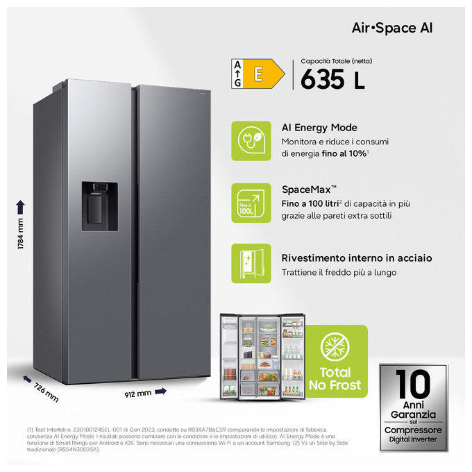 Samsung RS70F65KETEF Frigorifero Side by Side 640 L 178 cm Classe E 36 dB No Frost Dispenser Acqua e Ghiaccio Wi-Fi colore Argento