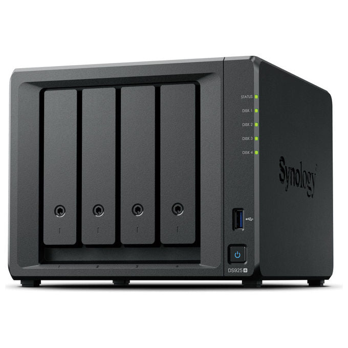 Synology DS925+ NAS 4 Bay AMD Ryzen V1500B 4 GB DDR4 ECC 2x2.5GbE 2xUSB 2xM.2 NVMe espandibile a 9 Bay colore Nero