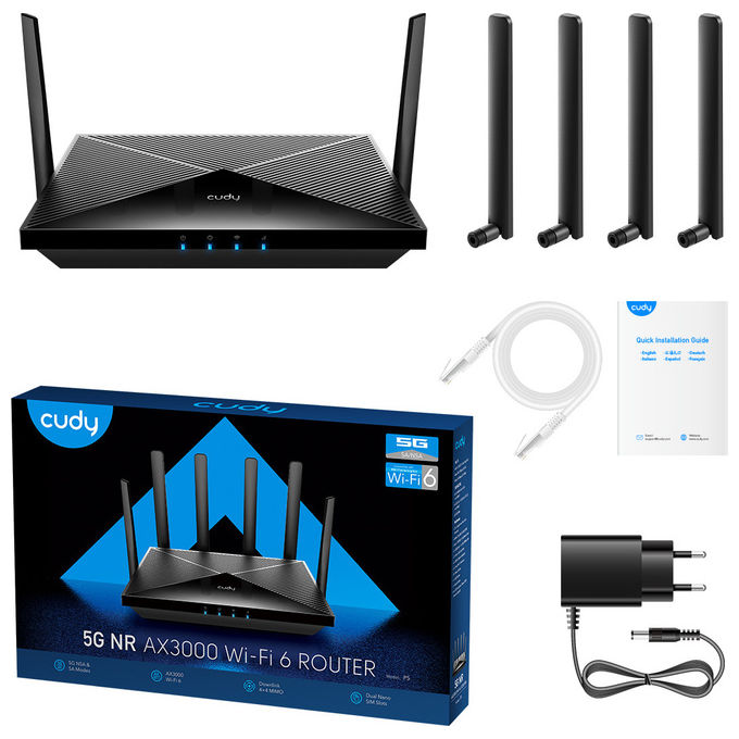 Cudy P5 Router Wireless 5G Wi-Fi 6 AX3000 Dual-band 2.4 GHz 5 GHz 4 Porte Gigabit Ethernet VPN Dual SIM colore Nero