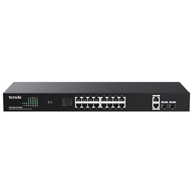 Tenda TEG1120P-16-250W Switch Gigabit Non Gestito 16 Porte PoE+ 2 RJ45 Uplink 2 SFP 230W 40 Gbps