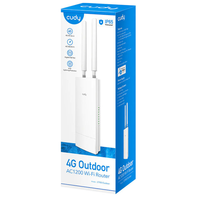 Cudy LT700 OUTDOOR Router 4G LTE Esterno AC1200 Gigabit IP65 Cat 6 300 Mbps Slot SIM PoE Antenne Rimovibili colore Bianco