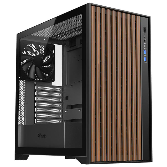 Itek ITGCAWO28B WOODY Case PC Gaming Tower ATX Pannello Legno Vetro Temperato 3 Ventole PWM 140mm USB Type-C colore Nero
