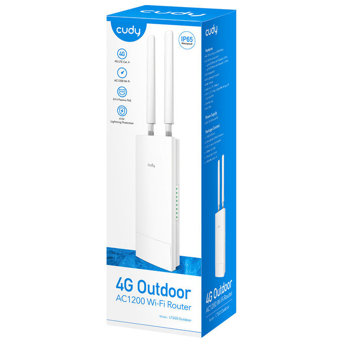 Cudy LT500 Router Wireless 4G LTE Wi-Fi 5 AC1200 Dual-band Outdoor IP65 NanoSIM PoE VPN colore Bianco