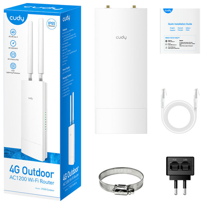 Cudy LT500 Router Wireless 4G LTE Wi-Fi 5 AC1200 Dual-band Outdoor IP65 NanoSIM PoE VPN colore Bianco
