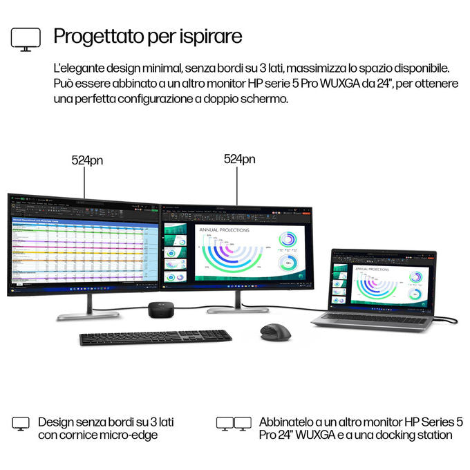 HP 9D9A7AA Serie 5 Monitor PC 24'' WUXGA IPS 1920x1200 100Hz 350cd-m² Hub USB 3.2 HDMI DisplayPort colore Nero