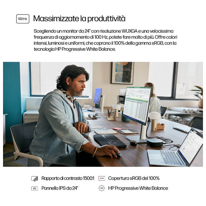 HP 9D9A7AA Serie 5 Monitor PC 24'' WUXGA IPS 1920x1200 100Hz 350cd-m² Hub USB 3.2 HDMI DisplayPort colore Nero