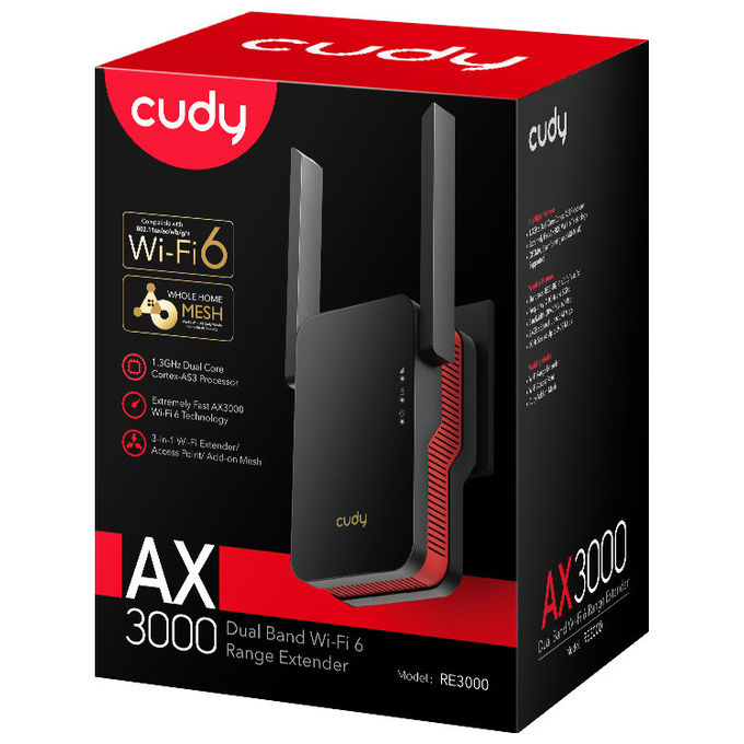 Cudy RE3000 Range Extender Wi-Fi 6 Mesh AX3000 Dual Band 2402 Mbps Gigabit Ethernet WPA3 colore Nero