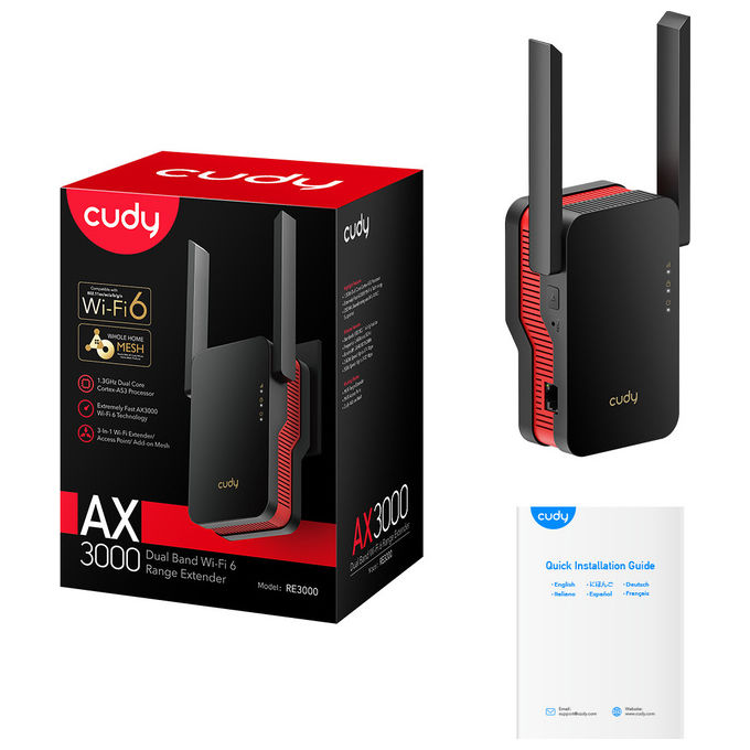 Cudy RE3000 Range Extender Wi-Fi 6 Mesh AX3000 Dual Band 2402 Mbps Gigabit Ethernet WPA3 colore Nero