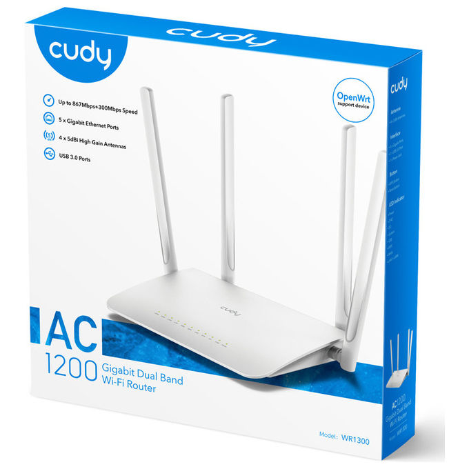 Cudy WR1300 Router Wireless Dual Band AC1200 Wi-Fi 5 4 Porte LAN Gigabit Ethernet MU-MIMO VPN colore Bianco
