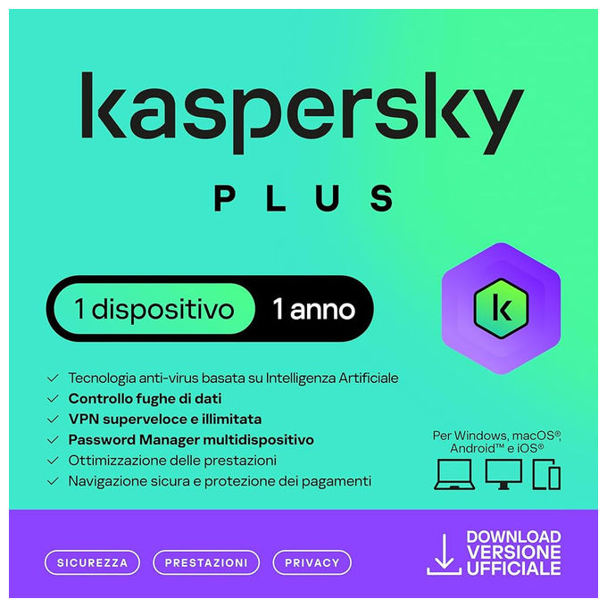Kaspersky KL1042T5AFS-SSBATT Plus Software Antivirus 1 Dispositivo 1 Anno VPN Illimitata Superslim Box ITA
