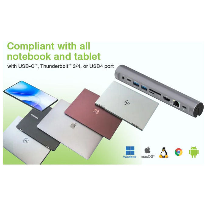 Techly ICA-NTB DOCK91 Docking Station USB-C 9 in 1 Stand Notebook Pieghevole HDMI 4K Ethernet Gigabit 100W colore Argento