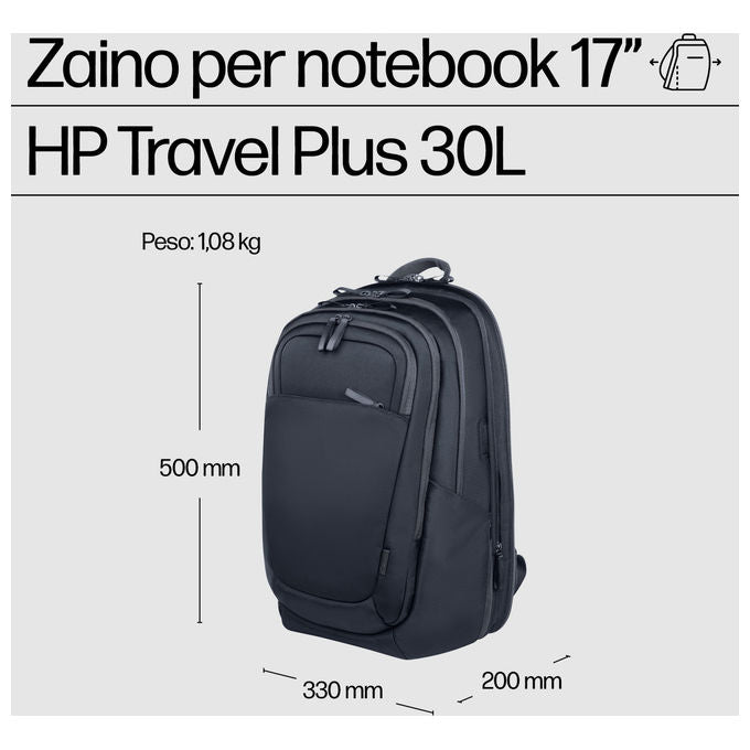HP A2CC9AA Travel Plus Zaino Notebook 17.3'' 30L espandibile 35L RFID Impermeabile Apertura 180° colore Blu Grafite