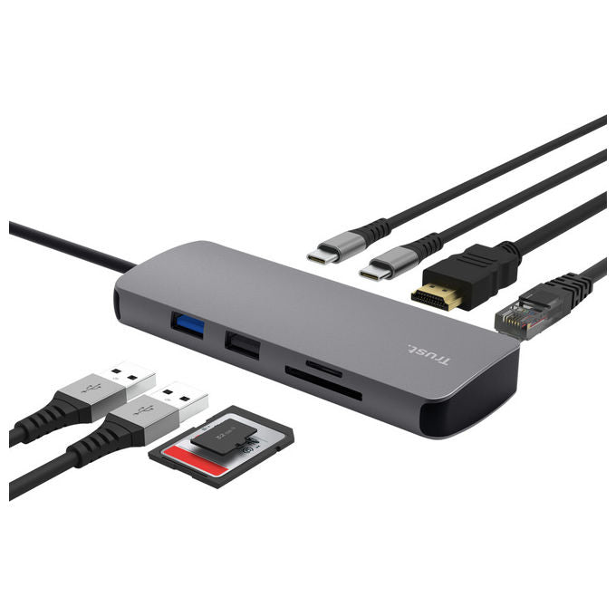 Trust 25672 Dalyx Adattatore Multiporta 8 in 1 USB-C HDMI 4K Ethernet Lettore SD Power Delivery 100W colore Argento