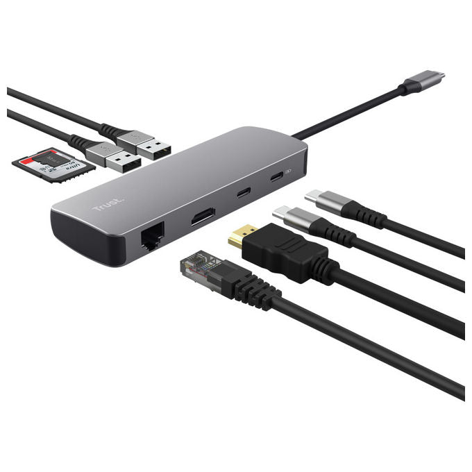 Trust 25672 Dalyx Adattatore Multiporta 8 in 1 USB-C HDMI 4K Ethernet Lettore SD Power Delivery 100W colore Argento