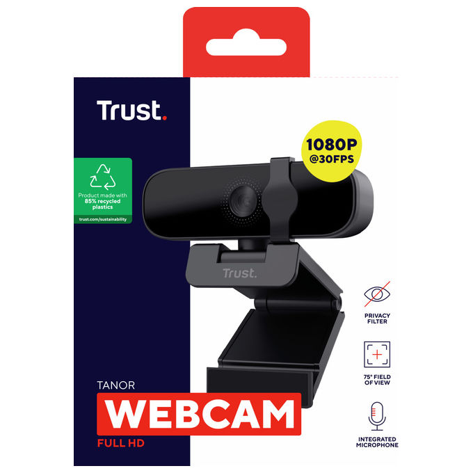 Trust 25548 Tanor Webcam Full HD 1080p 30fps Microfono Integrato Privacy Shutter USB Plug and Play colore Nero