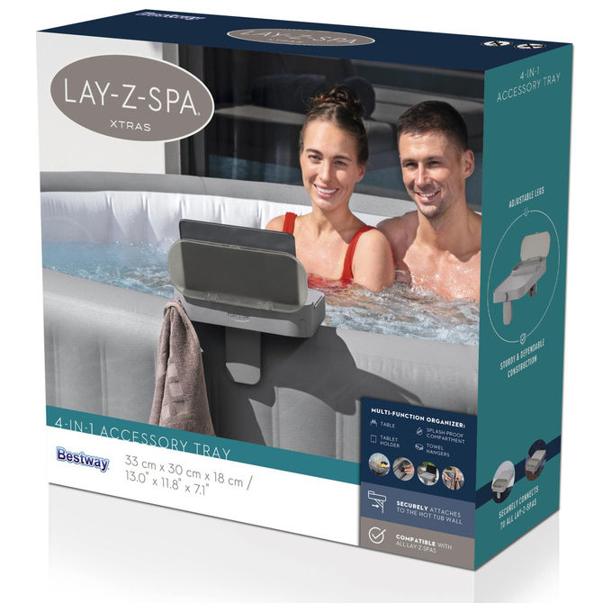 Bestway 60337 Lay-Z-Spa Xtras Vassoio Portaoggetti 4 in 1 Supporto Bevande Tablet Regolabile Universale colore Grigio