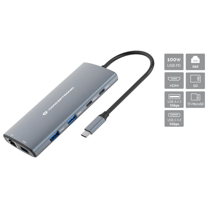 Conceptronic DONN06G Docking Station 10 in 1 USB-C USB 3.2 Gen 1 HDMI 4K Ethernet Gigabit USB PD 100W colore Grigio