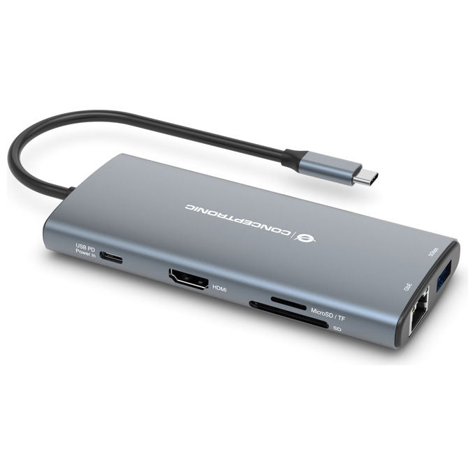Conceptronic DONN06G Docking Station 10 in 1 USB-C USB 3.2 Gen 1 HDMI 4K Ethernet Gigabit USB PD 100W colore Grigio