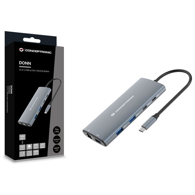 Conceptronic DONN06G Docking Station 10 in 1 USB-C USB 3.2 Gen 1 HDMI 4K Ethernet Gigabit USB PD 100W colore Grigio